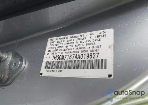2004 Honda Accord 2.4 Ex z USA, uszkodzony, nr VIN 1HGCM71674A019627